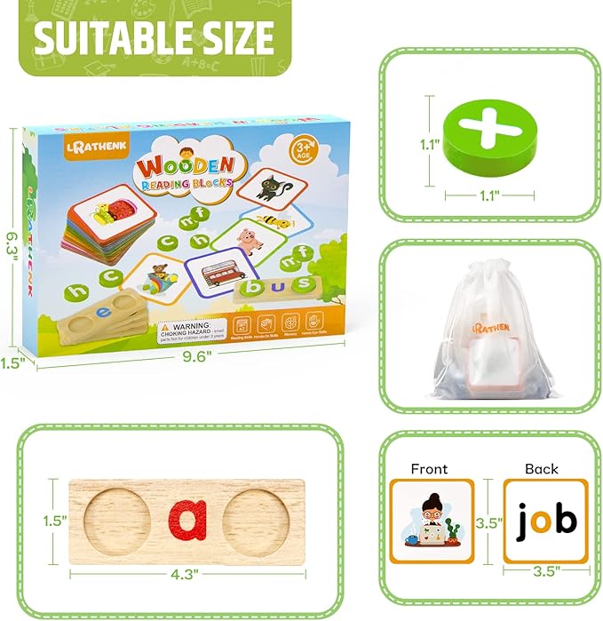 Preschool Kindergarten Learning Activities,ABC Learning for Toddlers,Wooden CVC Word Spelling Games with Flash Cards,Montessori Educational Toys Gifts for 3-7 Years Old Kids,Phonics Books for Readers