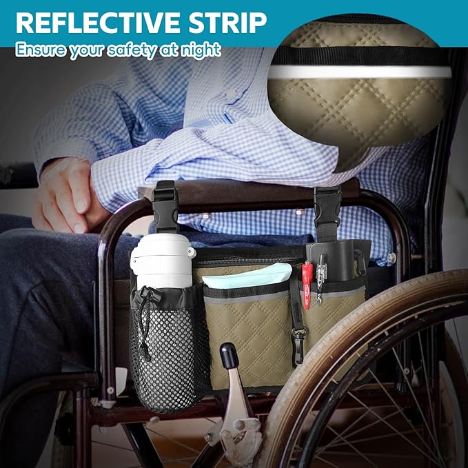Wheelchair Bag with Cup Holder, Wheelchair Accessories Armrest Side Bag Multi Pockets Pouch for Electric Wheelchairs, Walker, Rollators & Mobility Scooters, Adults, Seniors, Khaki