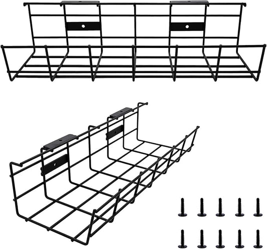 COYACOOL Under Desk Cable Management- 2 Pack Cord Organizer. Metal Wire Cable Management Tray for Office, Studio and Home. Super Sturdy Under Table Cable Management - Black Cable Organizer