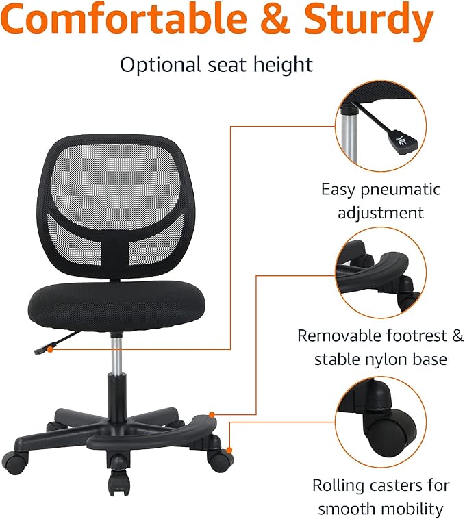 Amazon Basics Kids Adjustable Mesh Low-Back Swivel Study Desk Chair with Footrest, Black