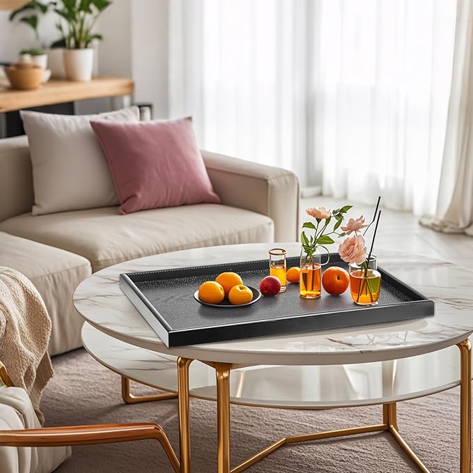 28 x 18 Inches Extra Large Solid Wood Serving Tray for Tea Coffee Table Snack Food Meals Serving Plate Kitchen Party Bar Breakfast Server with Raised Edges Black Wooden Decorative Ottoman Tray