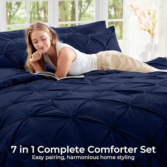 Sasttie Queen Comforter Set, 7-Piece Bed in a Bag, Pintuck Bedding Sets for All Season, Includes Comforter, Flat Sheet, Fitted Sheet, Pillowcases and Pillowshams, Navy