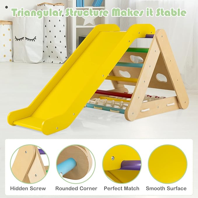 HONEY JOY 4-in-1 Triangle Climber with Ramp, 3-Side Kids Climbing Triangle Ladder with Net Rope & Bars, Wooden Montessori Climbing Toys for Toddlers Daycare, Gym & Playground, Gift for Boys Girls
