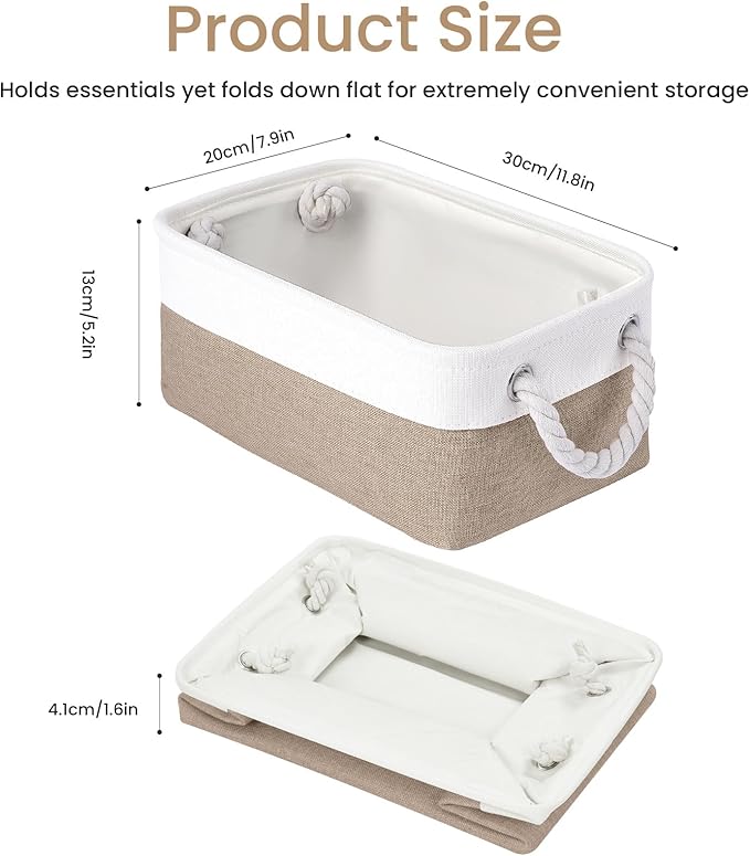 VQRTEXA Storage Baskets for Shelves 11.8x7.9x5.2 Inch, Foldable Fabric Storage Bins with Handles, Small Storage Baskets for Organizing Closet, Bathroom, Office, Home Organization (1-Pack, White&Khaki)