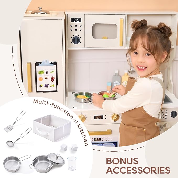 Kids Kitchen Playset with Realistic Design, Luxury Play Kitchen with Extended Storage Cabinets, Toy Kitchen for Toddlers with Coffee Counter, Cookware Accessories, Oven, Microwave (White)