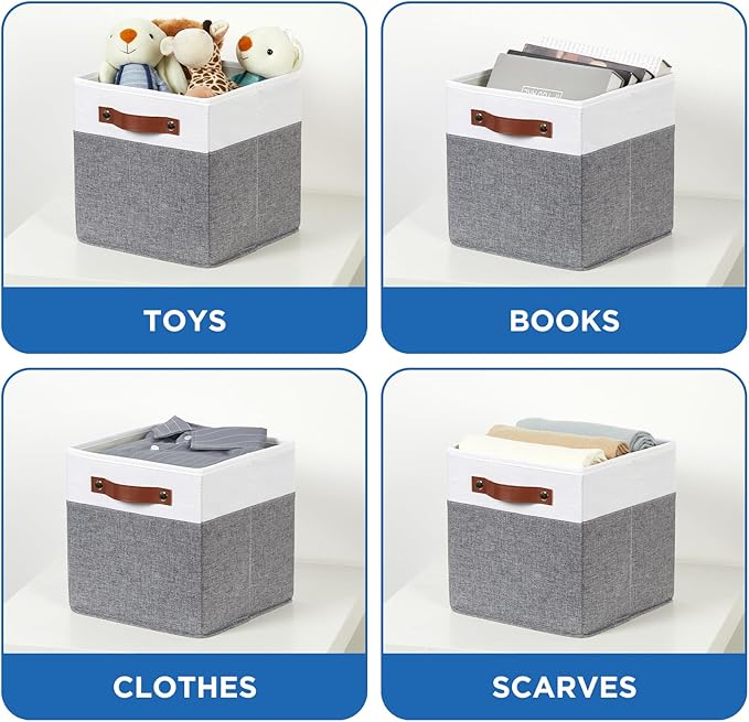 Temary Foldable Fabric Storage Bins with Lids, 2-Pack Storage Bin for Organizing Living Room, Closet Organization, Multi-Purpose Storage Boxes for Clothes (White&Grey, 10.5x10.5x10.5in)