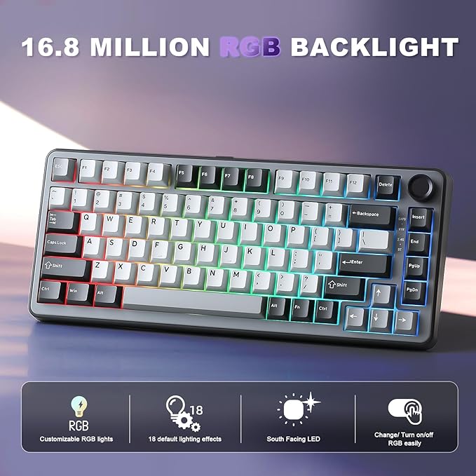 YUNZII B75 PRO Wireless Mechanical Keyboard,75% Layout with Knob,Hot Swap Gasket Custom Structure,Creamy Pre-lubed Switches,RGB Backlit,BT/Type-C/2.4G for Win/Mac(Cocoa Cream V2 Switch,Dark Grey)