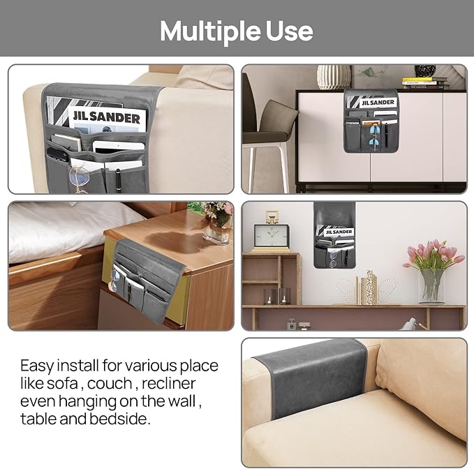 Teniux Remote Control Holder Faux Leather Armrest Organizer with 6 Pockets for Recliner Couch Sofa, Armchair Caddy for Smart Phone, Book, Magazines, Ipad, Remotes (Dark Grey)