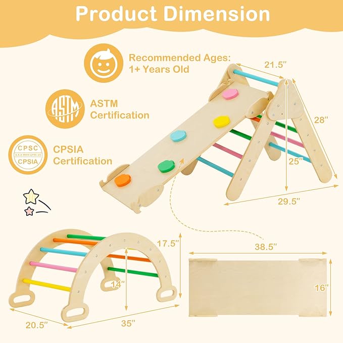 Costzon Climbing Toys for Toddlers, Foldable Montessori Wooden Arch Climber Ladder with Sliding Ramp, Multi-Combination Methods, Rainbow Kids Triangle Climber Play Gym Set for Boys Girls Gift Present