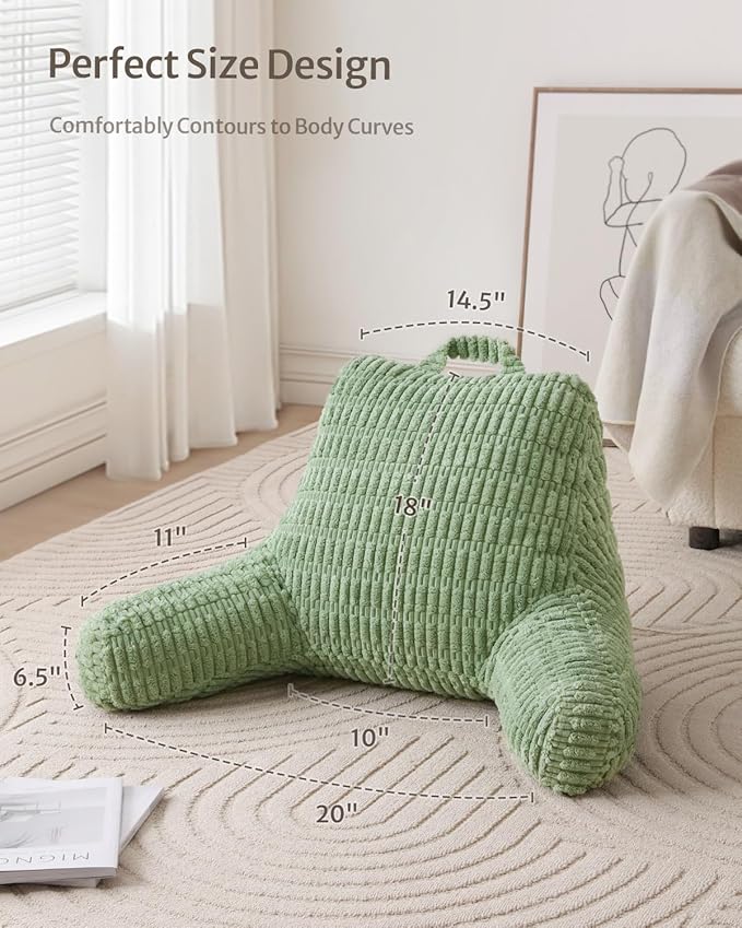 Blissful Diary Reading Pillow, Backrest Pillow with Shredded Memory Foam for Adult & Children, Designed for Bed and Couch Sitting Up, Includes Arms, Pockets and Washable Cover, Sage Green