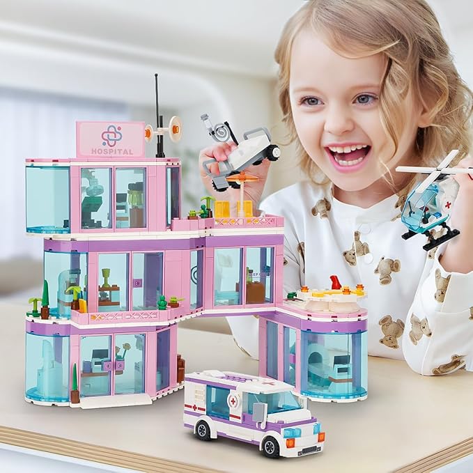 QLT QIAOLETONG Friends City Hospital Building Set, Ambulance Truck with Hospital Bed Wheelchair Playset Birthday, Gift for Boys Girls Kids 6+ Years Old-Compatible with Lego for Girls Age 8-12