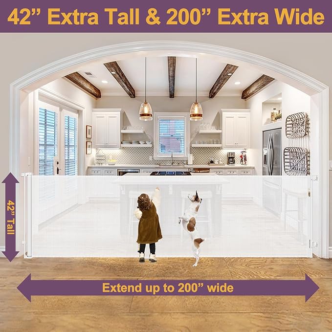 42" Tall X 200" Extra Wide Retractable Baby Gates, Extra Tall Dog Gate for Wide Openings, Extra Long Baby Gate for Doorways Extra Tall Mesh Gate for Pets Indoor Tall Baby Gate Outdoor Deck Gate, White
