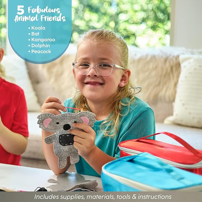 BRYTE Adventure Animals Sewing Kit for Kids: A Fun DIY Arts & Crafts Experience with 5 Pre-Cut Felt Animals, Needles, Thread & Instructions - for Kids Age 7+, Great Gift for Birthdays & Holidays
