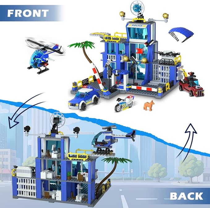 HOGOKIDS City Police Station Building Toys with LED Light - 734pcs Police Building Block Sets with Helicopter Police Motorcycle Vehicle Armored Car, Police Playset Gift for Kids Boys Girls Age 8-12+