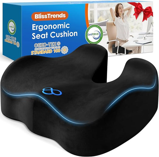 BlissTrends Seat Cushion,Thick Memory Foam Cushions for Office Chair, Car Seat, Airplane, Relieving Pressure Tailbone Sciatica Back Pain for Long Sitting Office Workers, Car Drivers 4.7in Thick Black