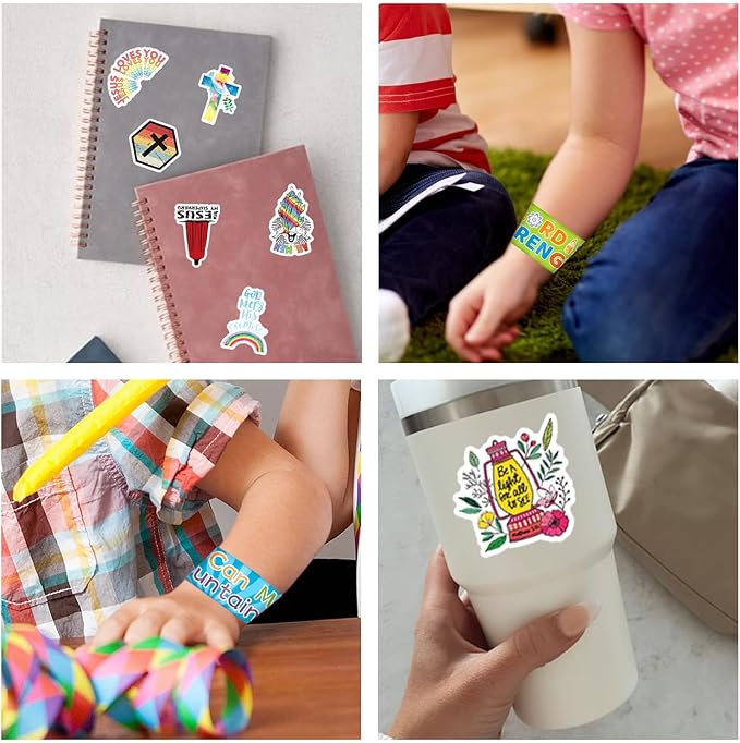 86PCS Religious Slap Bracelets with 50PCS Jesus Christian Stickers Jesus Love You Snap Bracelets Wristbands Bible Verse Faith Stickers Sunday School Supplies Christian Gifts