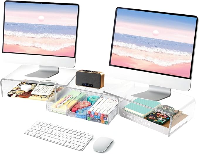 OPNICE Clear Acrylic Desk Organizers and Accessories, Dual Monitor Stand Riser with Drawer, Desk Shelf Computer Racks for Office Workspace Organizers, Desktop Organization