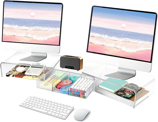 OPNICE Clear Acrylic Desk Organizers and Accessories, Dual Monitor Stand Riser with Drawer, Desk Shelf Computer Racks for Office Workspace Organizers, Desktop Organization