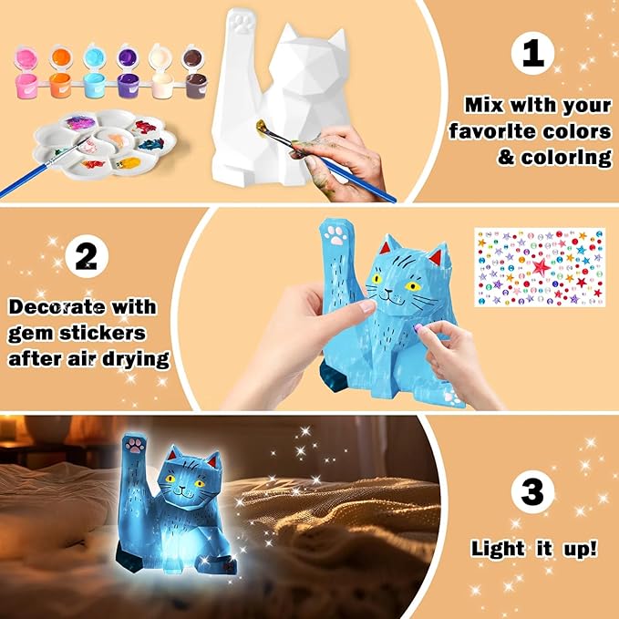 FUNZBO Paint Your Own Cat Lamp Kit - Arts & Crafts Supplies Kitten Painting Kits for Kid Teen Adult, DIY Toy for Toddler Girl Boy Age 3 4 5 6 7 8 9 10 11 12 13 + Easter Valentine Holiday Birthday Gift