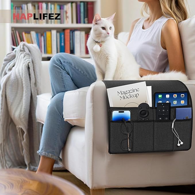 Remote Holder for Recliner Armchair & Couch, Non Slip Sofa Armrest Organizer Caddy with 6 Pockets Thick Linen Fabric Storage for Tablet, Phone, iPad, Magazine, 19x35 Inches, Dark Grey