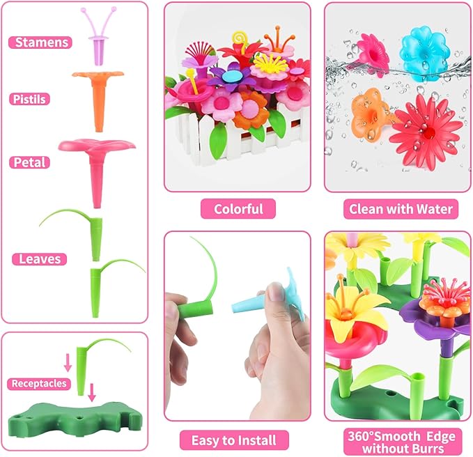 CENOVE Toddler Toys for 3 4 5 6 7 Year Old Girls and Boys,Flower Garden Building Toy with Carry Box, STEM Toys for Preschool Children Educational Activity