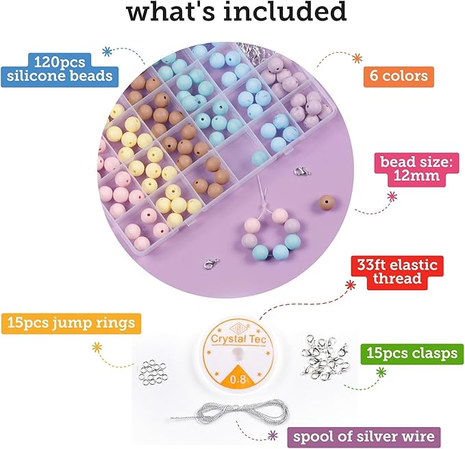 Incraftables Silicone Beads for Keychain Making – 120pcs Kit (6 Colors). Bulk Silicon Mix for Jewelry & DIY. 12mm Round Pieces with String, Silver Wire, Clasps & Organizer.
