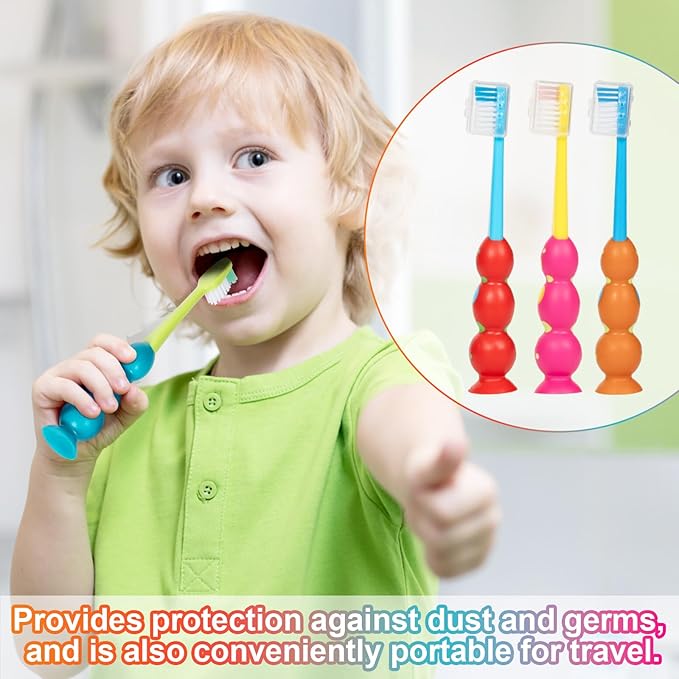 Kids Toothbrush - Soft Bristles with Suction Cup for Easy Storage, Toddler Toothbrush Children Sized Brush Head, Girl & Boy Set, Pack of 4