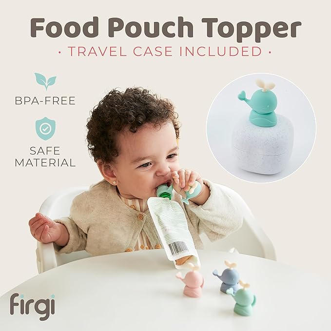 Whale SoftSip Food Pouch Topper | 2EA + Travel Case | Prevent Spills & Leakage | Protect Child Baby Toddler Mouth | Food Grade Silicone Reusable | Baby Led Weaning | BPA Free| Mint+Blue
