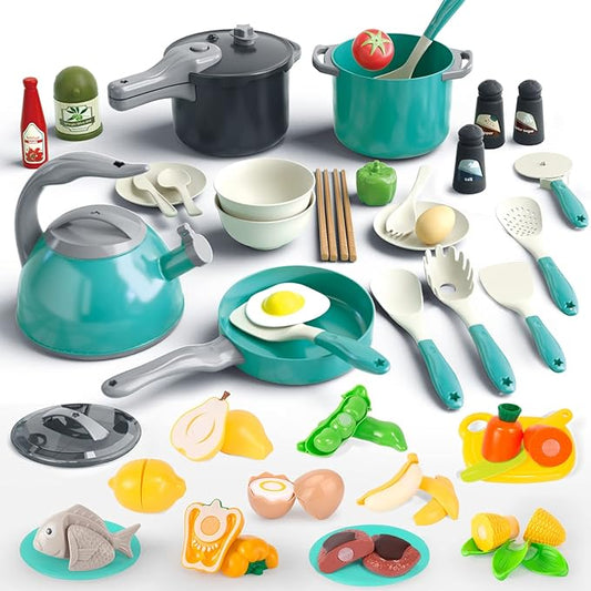 Bruvoalon 67Pcs Kids Play Kitchen Toys Set, Toddlers Pretend Cooking Playset Acccessories with Pots Pans, Utensils Cookware, Foods, Canned Veges, Learning Gift for Kids Girls Boys (Green)