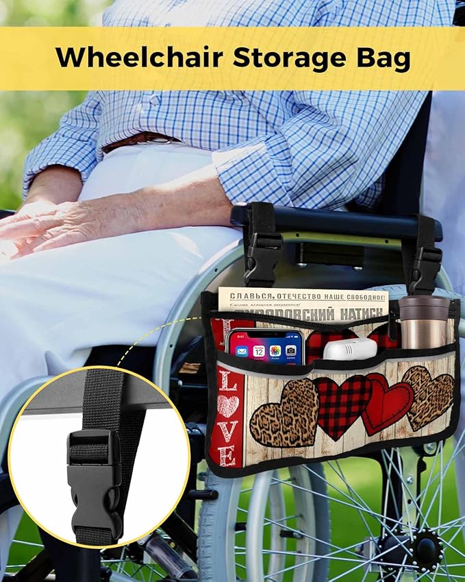 Wheelchair Side Storage Bag Valentine's Day Red and Leopard Print Love Heart Armrest Pouch with Cup Holder and Reflective Strip Wheelchair Accessories Organizer Bags for Walkers Rollator