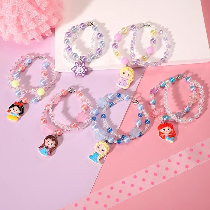 6 Sets Princess Beaded Bracelets for Girls, Princess Bracelets Dress Up Pretend Play Jewelry Set Party Favors Gift for Girls Kids