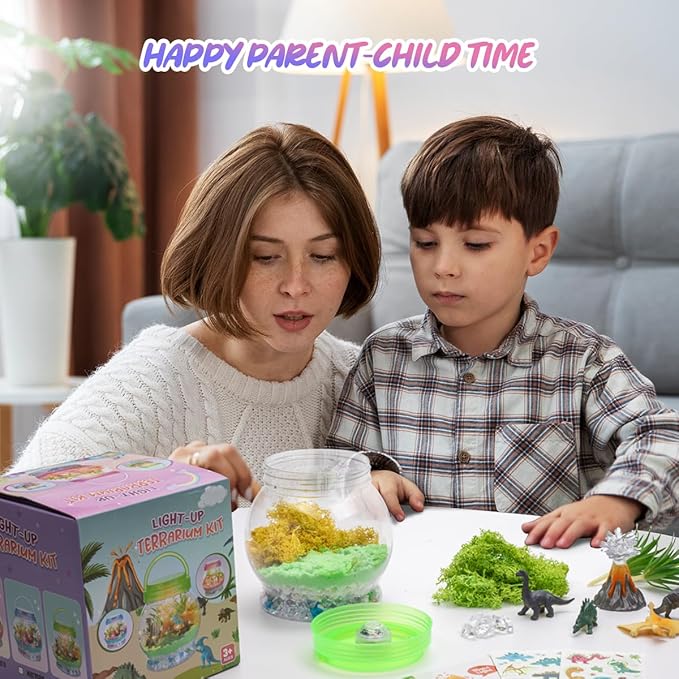 Light Up Dinosaur Terrarium Kit for Kids, Dinosaur Birthday Gift for Boys Ages 5 6 7 8-12 Year Old, DIY Unicorn Arts & Crafts Toys for Boys (Dinosaur)