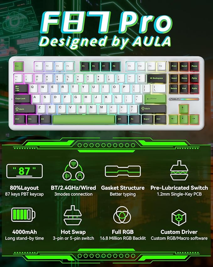 Aula F87 Pro Gaming Keyboard, Tri-Mode BT5.0/2.4GHz/USB-C Hot-Swappable RGB Wireless Mechanical Keyboard, Gasket Mount, 4000mAh, for Windows/Mac Gamer & Typists（LEOBOG Gray Wood Switch V4）