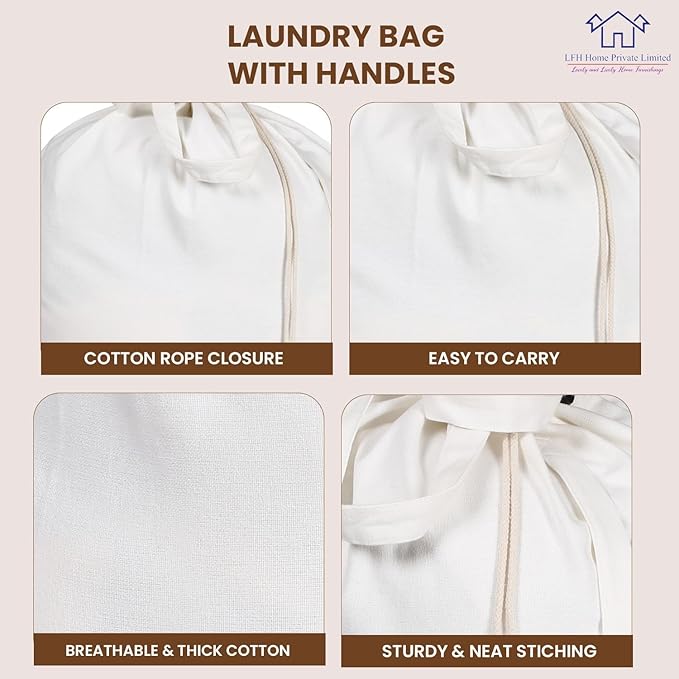 LFH Home Large Premium 1pack Cotton Canvas Laundry Bag with Drawstring and Handles Heavy Duty, Multi-Use, Washable for Home, Travel, College or Storage 18x26 -White