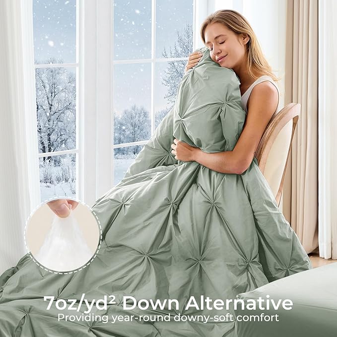 Sasttie Full Size Comforter Set, 7-Piece Bed in a Bag Double, Pintuck Bedding Set for All Season, Includes Comforter, Flat Sheet, Fitted Sheet, Pillowcases and Pillowshams, Sage Grey