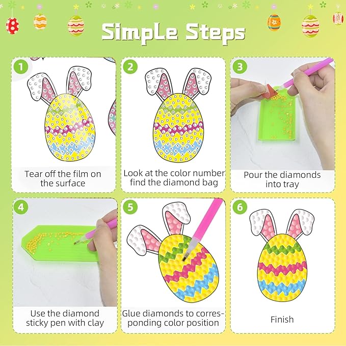 Junrife Easter Diamond Craft Kits Stickers for Kids,Gem Kids' Paint by Number Kits Mosaic Sticker - Best Gifts for Girls Ages 8-12 Easy for Kids Adult Beginners