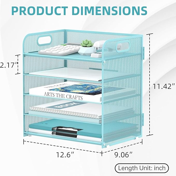 Supeasy 5 Trays Paper Organizer Letter Tray with Handle-Mesh Desk File Organizer, Paper Sorter Desk Organizer for Office, Home or School (Light Blue)