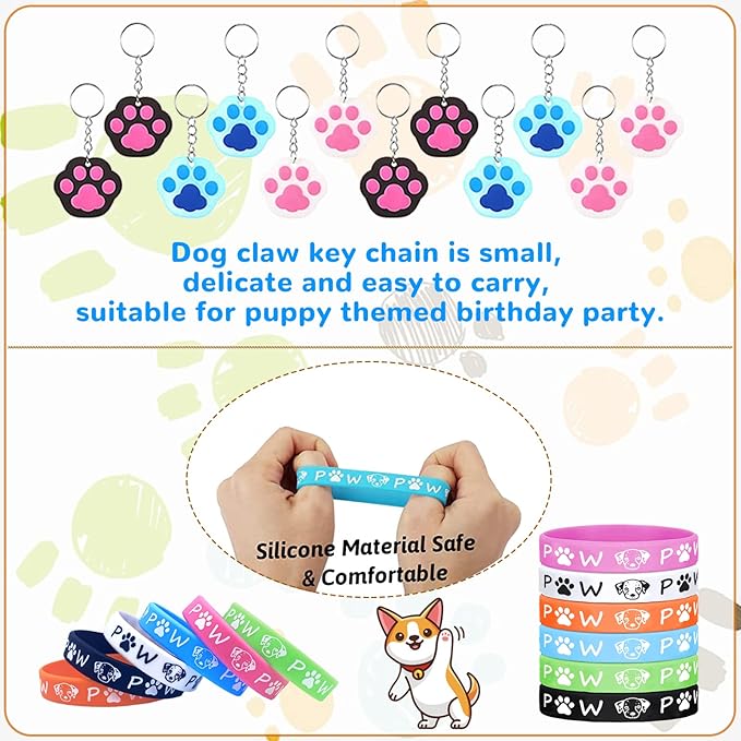 122Pcs Dog Party Favors Gift Set for Kids Dog Birthday Party Supplies Include 12 Dog DIY Face Stickers 12 Dog Bags 12 Keychains 12 Bracelets 50 Stickers for Puppy Party Favors