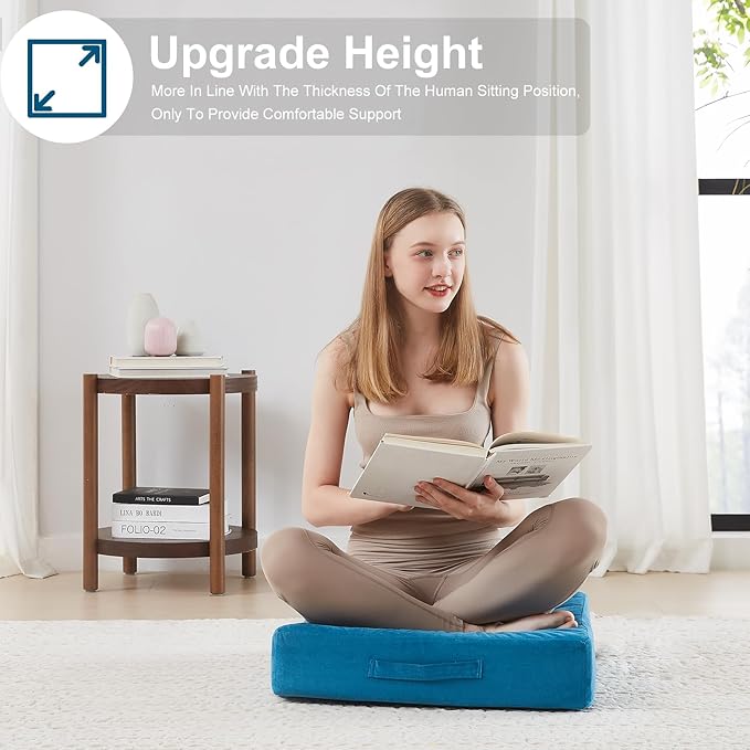 2 Pcs High Density Foam Floor Pillow - Upgraded Large Pillows Seating for Adults - Outdoor Floor Cushion with Soft Tufted Cover - Yoga Pillows for Sitting On Floor - 22 Inch Peacock Blue