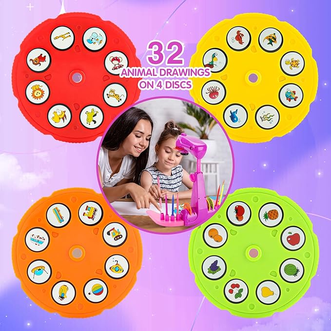 Kids Projection Drawing Toy,Smart Kids Projection Drawing Sketcher with 32 Cartoon Patters,Adjustable Art Sketcher Projector with 12-Color Watercolor Pens,8-Color Erasable Pens,Pink