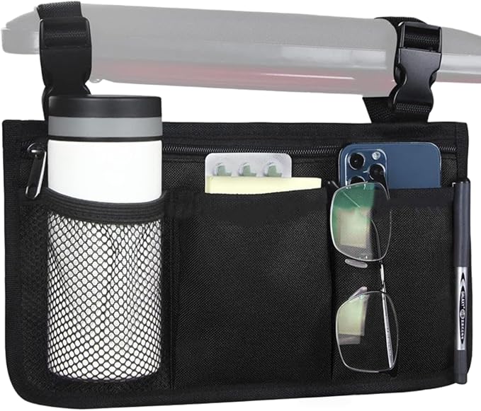 WEEOATAR Wheelchair Side Bags Storage Pouch with Cup Holder, Water-Resistant, Easy to Use with Release Buckle, Side Pocket with Reflective Stripe for Wheelchairs, Walkers or Rollator (Black)