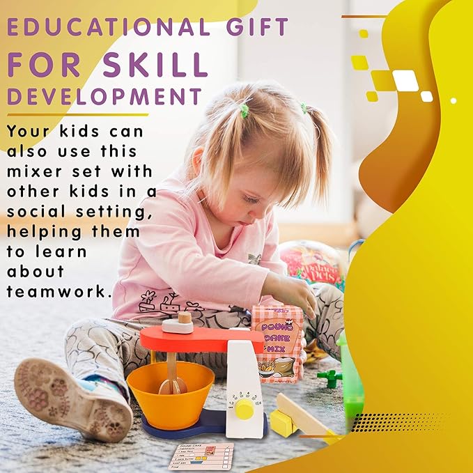 Leo & Friends Wooden Mixer Set - Make-A-Cake Kids Mixer Toy (9 Pcs) - Play Kitchen Accessories for Kids Ages 3 Years and Older - Perfect Birthdays Holidays