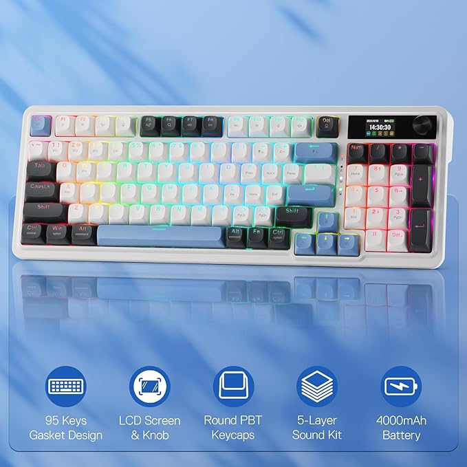 Redragon K719 Wireless Gasket Gaming Keyboard w/Hype Screen & Knob, 95 Keys Mechanical Keyboard, Easy-Control 1.14’’ TFT Info Display, 5-Layer Noise Dampener, Round PBT Keycaps, Mint Mambo Switch