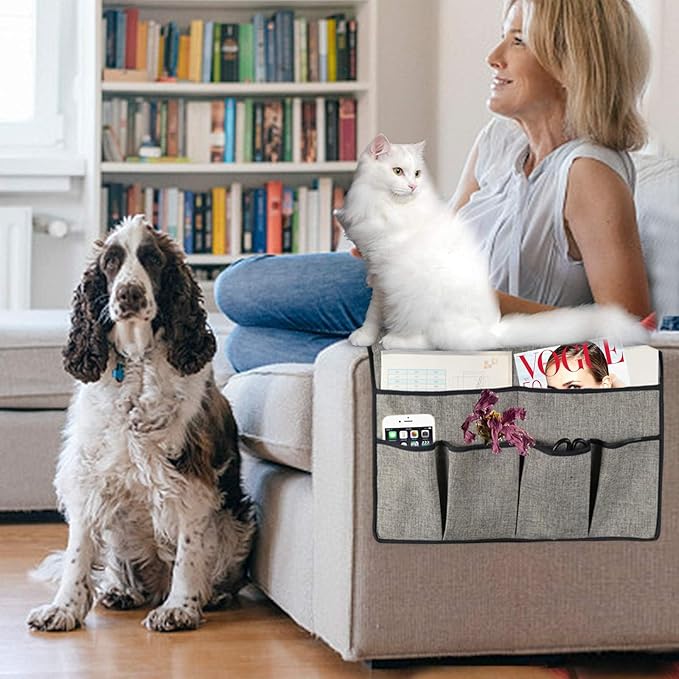 Sofa Armrest Organizer Couch Storage, TV Remote Holder for Armchair with 6 Pockets Hanging Remote Control Holder, Thick Armchair Caddy Magazine, Books, Cell Phone, iPad, 19 x 35 Inches, Beige