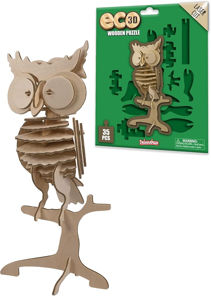 Eco 3D Wooden Puzzle - Owl from Deluxebase. Sustainable Wood Animal Puzzle Craft Set. Perfect Model Building Kits for Educational Toys and Kids Party Favors.