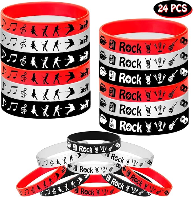 24PCS Rock and Roll Rubber Bracelets Silicone Wristbands -80s 90s Party Supplies Musician Guitar Rap Birthday Baby Shower Party Favors