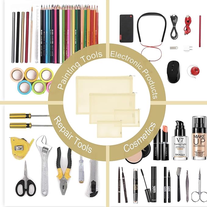 EASYFUN Mesh Pouch, Make up Bag with Zipper Cosmetic Organizer Pouch for Daily or Travel to Keep Small Items, 4 PCS Champagne