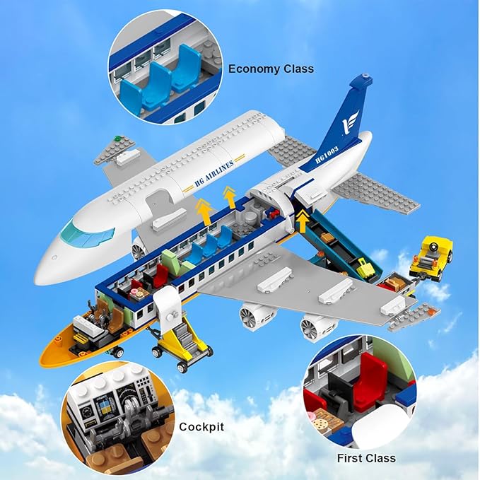 Large City Passenger Airplane Building Toys with LED Light, 21 Inches Plane Building Sets with 2PCS Luggage Trucks, Terminal, Radar Tower, Birthday Gifts for Kids Boys Girls Age 6-12 (901pcs)