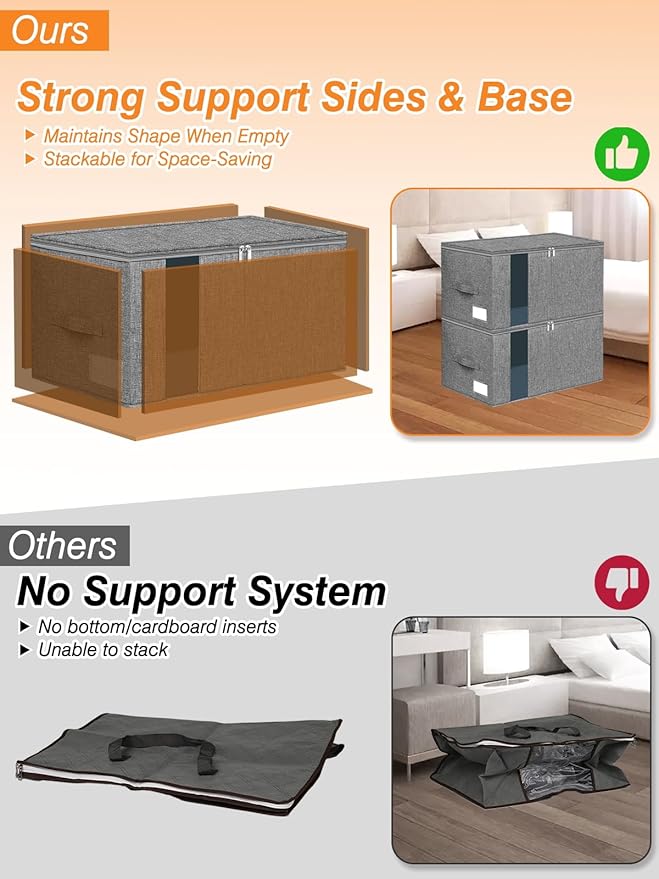 60L Blanket/Comforter Storage Bag w/Rigid Side & Bottom Support, Stackable Clothes Storage Bin for Sweaters Bedding Sets Quilts Pillows, Closet Organizer, 21.7x14.2x11.8in, 2 Pack, Gray