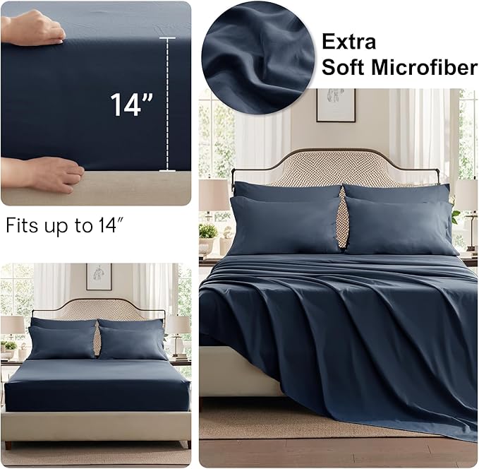 Anluoer Navy Blue Queen Comforter Set 7 Pieces, Bed in a Bag with Sheets, All Season Bedding Sets with 1 Comforter, 2 Pillow Shams, 2 Pillowcases, 1 Flat Sheet, 1 Fitted Sheet